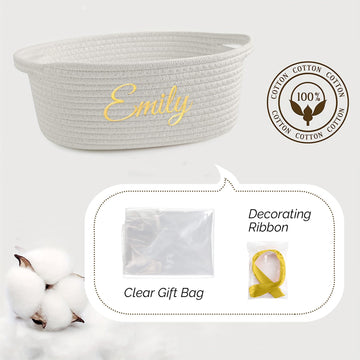 Hutario Personalized Woven Basket Embroidered Name With Gift Bags And Ribbons,Empty Small Rope Basket,Durable Storage Custom Whi