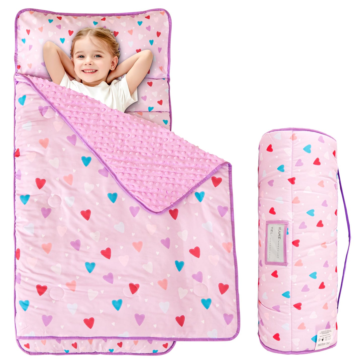 Viviland Toddler Kid Nap Mat for Preschool, Girls Heart Slumber Bag, Purple Daycare Sleeping Mats with Pillow and Blanket, Kinde