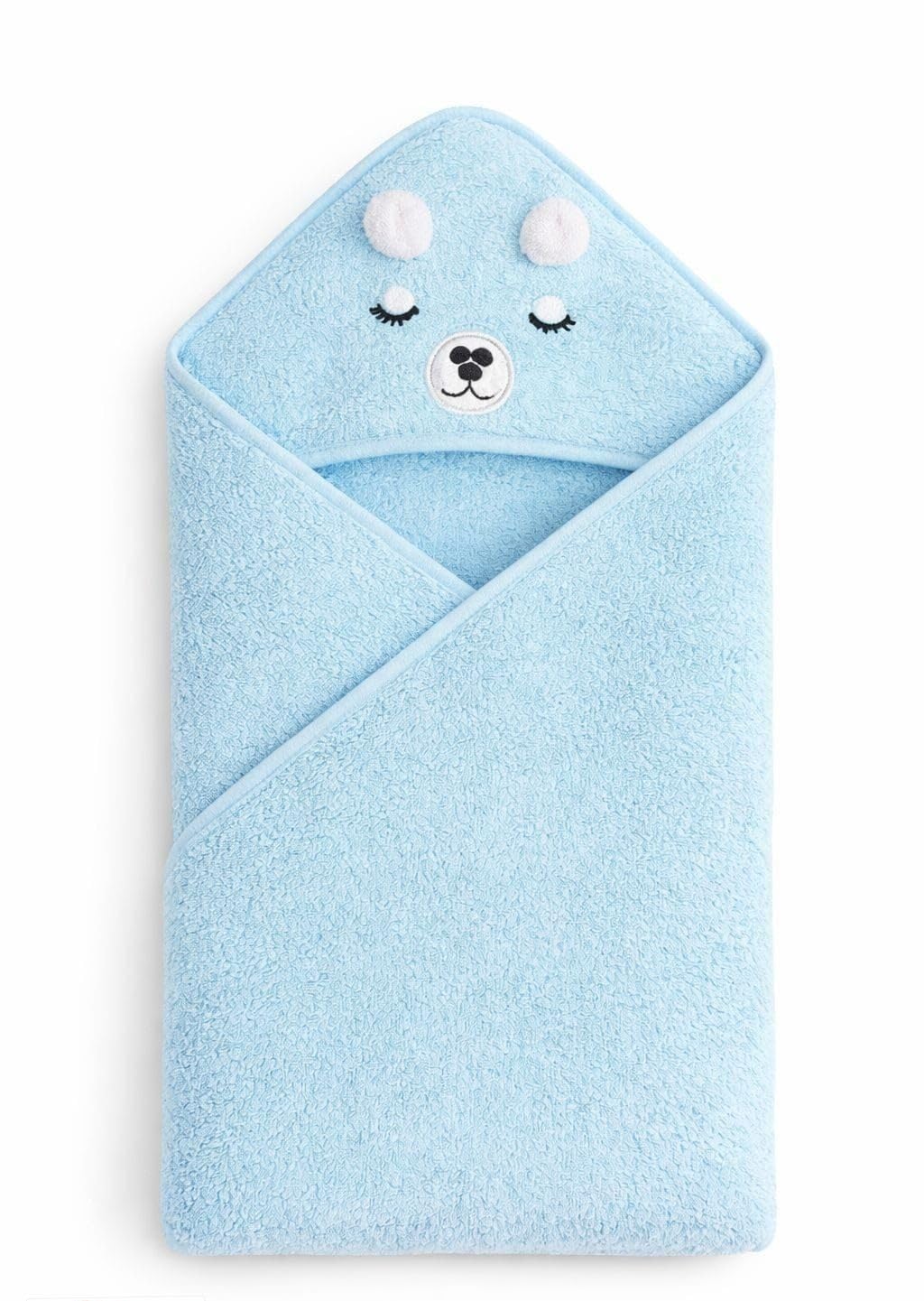 Hi mom Kids World Baby Hooded Bath Towel, Blue, Cotton Terry, Bear Design with Embroidered Face and Pompom Ears (Blue, 80X80)