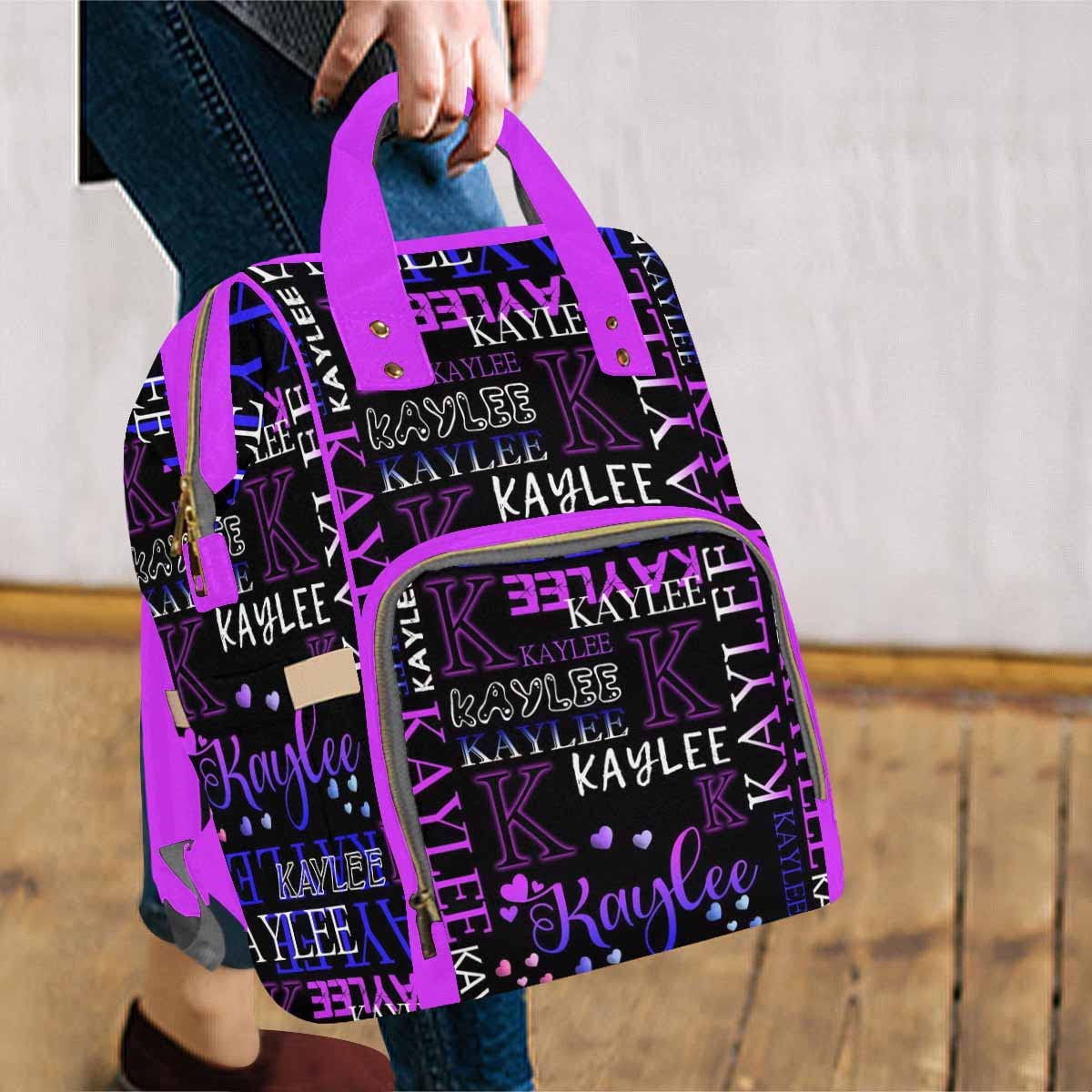 Artsadd Custom Monogram Baby Backpack Gifts For Mom, Personalized Black And Purple Hearts Diaper Bag With Stroller Straps Large
