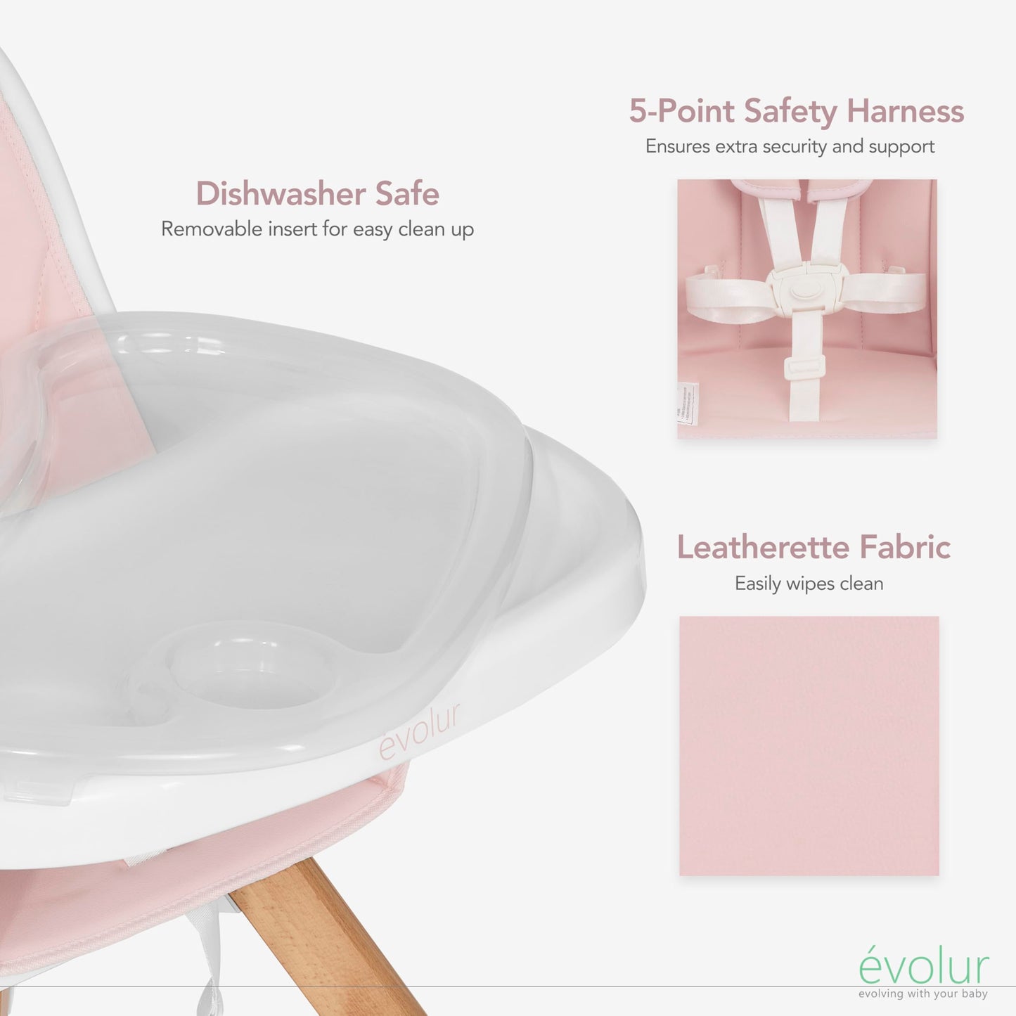 Evolur Zoodle 3 In 1 Convertible Baby High Chair In Pink, Easy To Clean, Adjustable And Removable Tray, Compact And Portable Hig