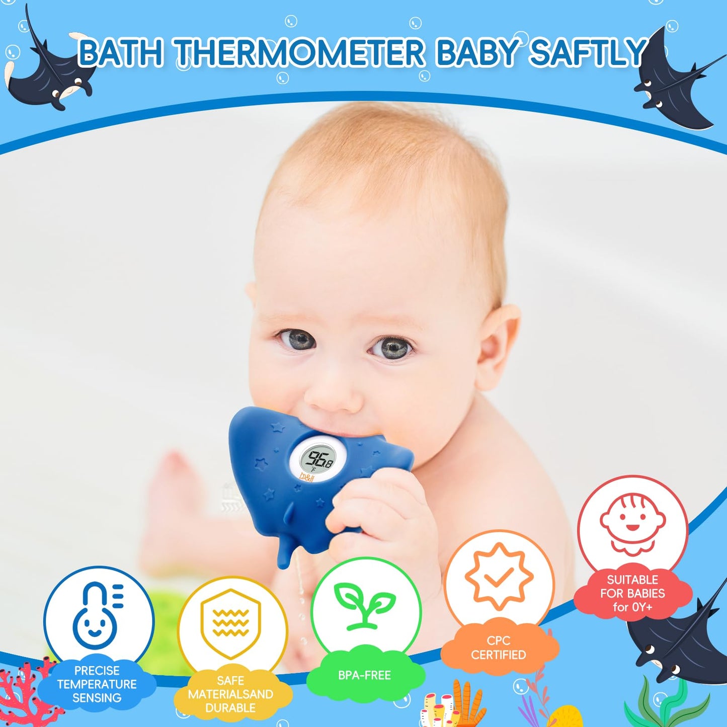 B&H Silicone Baby Bath Thermometer - Safety Digital Infant Bathtub Temperature Thermometer, Color-Coded Display, Quick-Read, Det