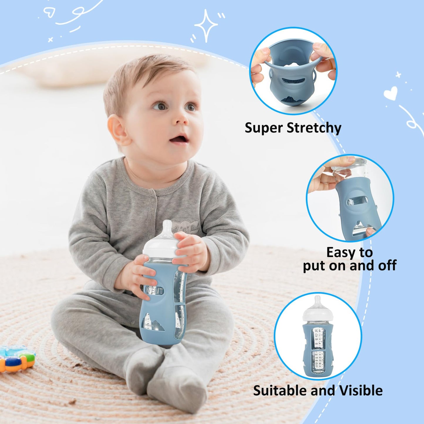 Minmunjiu 3 Pack Silicone Sleeves For Philips Avent Natural Glass Baby Bottles, Anti Breakage Baby Bottle Holder For Baby Boys,