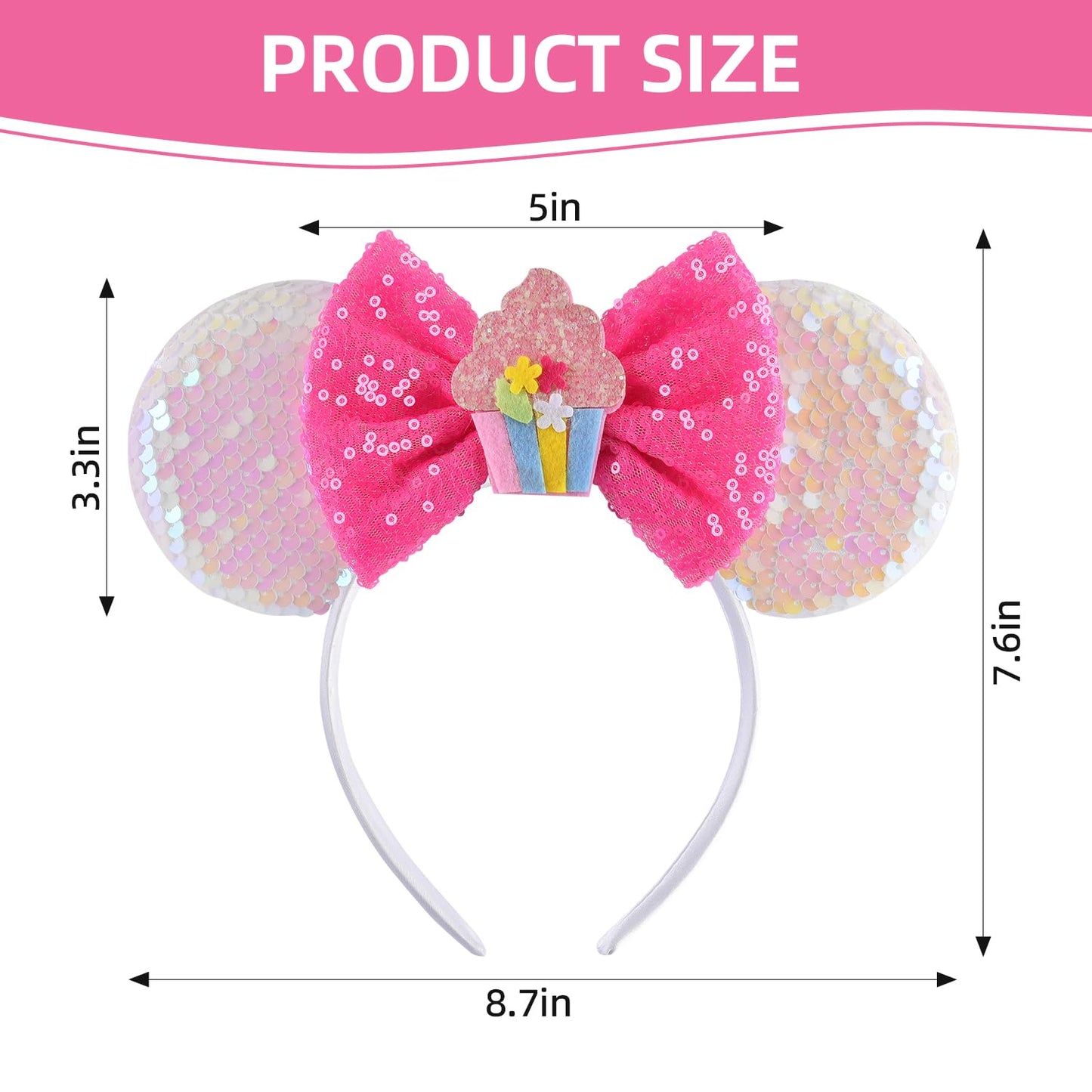 Seamoy Sequin Birthday Minnie Ears Headband, Sparkle Birthday Mouse Ears, Princess Headwears, Pink Birthday Mini Ears Headband F