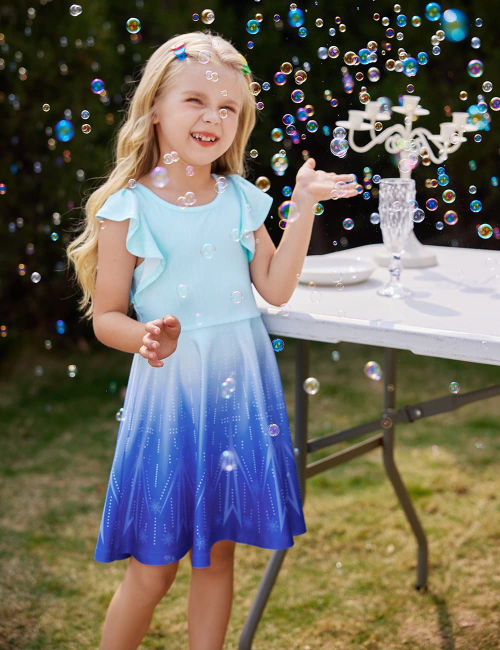 Labeca Baby Girls Printed Casual Party Dresses Twirly Ruffle Sleeve Dress Frozen Cap Xs