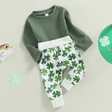 Infant Toddler Baby Boy St Patricks Day Outfits Long Sleeve Shirts Green Sweatshirt With Clover Pants 2Pcs Set (Clover Green, 12