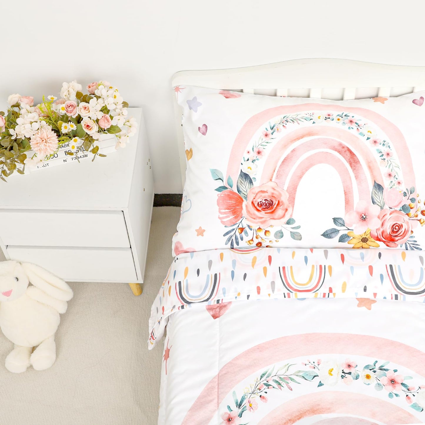4 Pieces Toddler Bedding Set For Girls, Rainbow Toddler Comforter Set, Include Quilted Comforter, Flat Sheet, Fitted Sheet, Pill