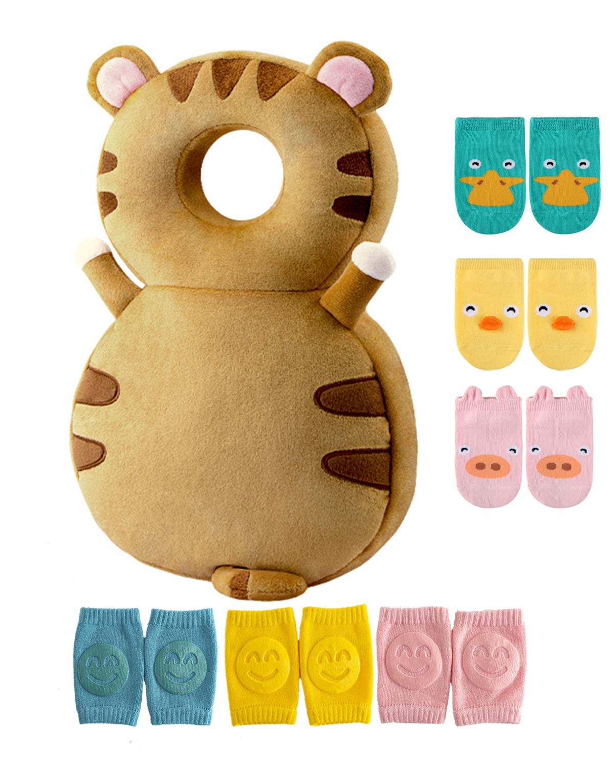 Junneng Toddler Baby Head Protector Pad Safety Cushion With Knee Pads&Anti-Slip Socks (Tiger),6 Months-3 Years