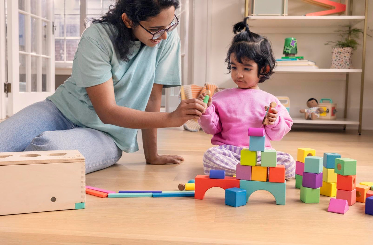 LOVEVERY | The Block Set | Solid Wood Building Blocks and Shapes + Wooden Storage Box, 70 Pieces, 18 Colors, 20+ Activities, Tod