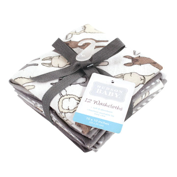 Hudson Baby Unisex Baby Flannel Cotton Washcloths 12-Pack, Farm Friends Grey, One Size