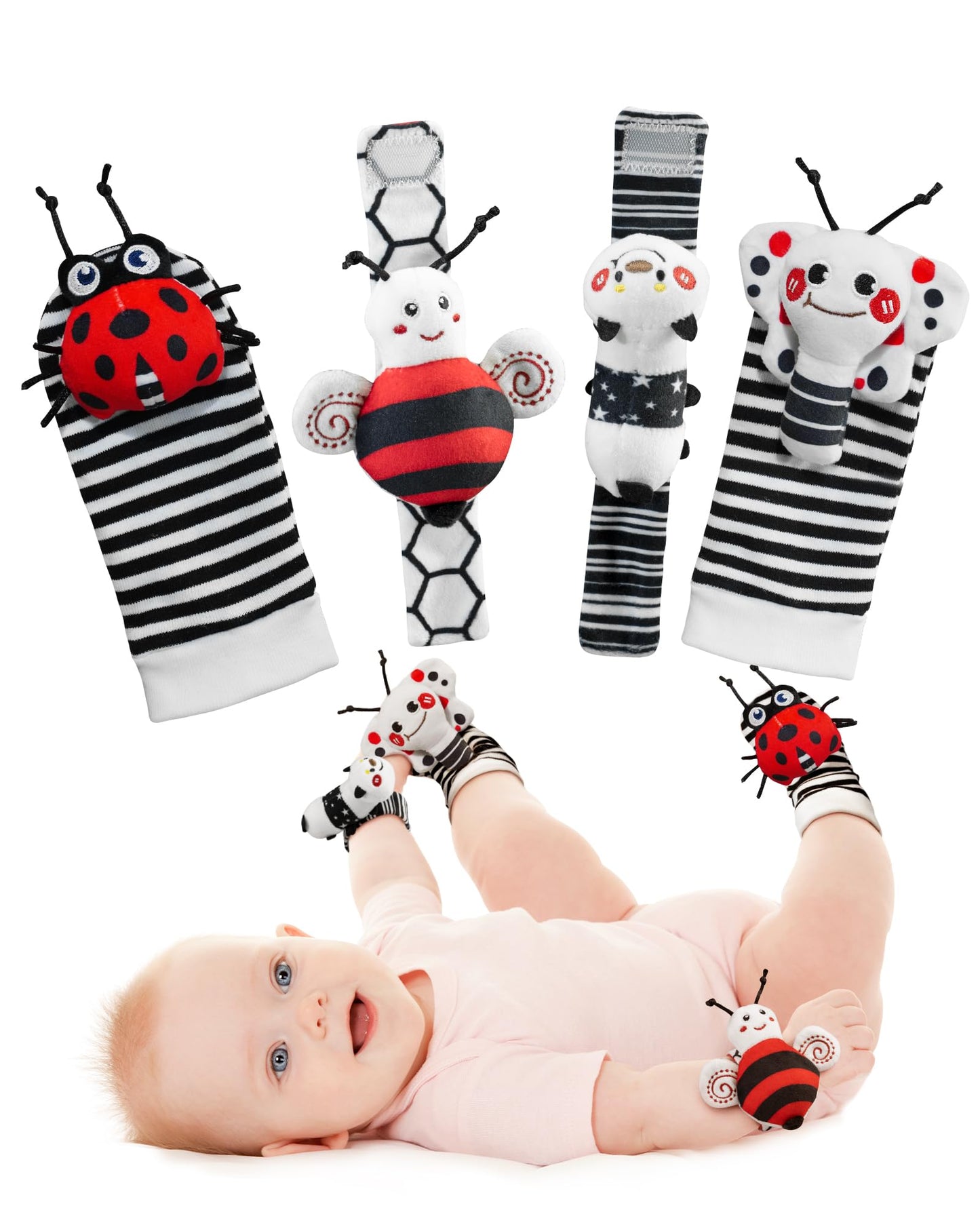 Infinno High Contrast Baby Toys Infant Rattle Socks and Wristband Set, Ideal Baby Sensery Toy Gifts for Newborn 0-12 Months, Per