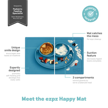 Ezpz Happy Mat - 24 Months+ (Blue) - 100% Silicone Suction Plate With Built-In Placemat For Toddlers + Preschoolers - Divided To