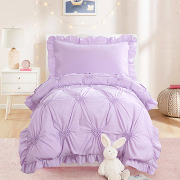 Hombys 4 Pieces Purple Princess Toddler Bedding Set For Girls Kids, Ultra Soft Pinch Pleat Comforter Set With Ruffles For All Se