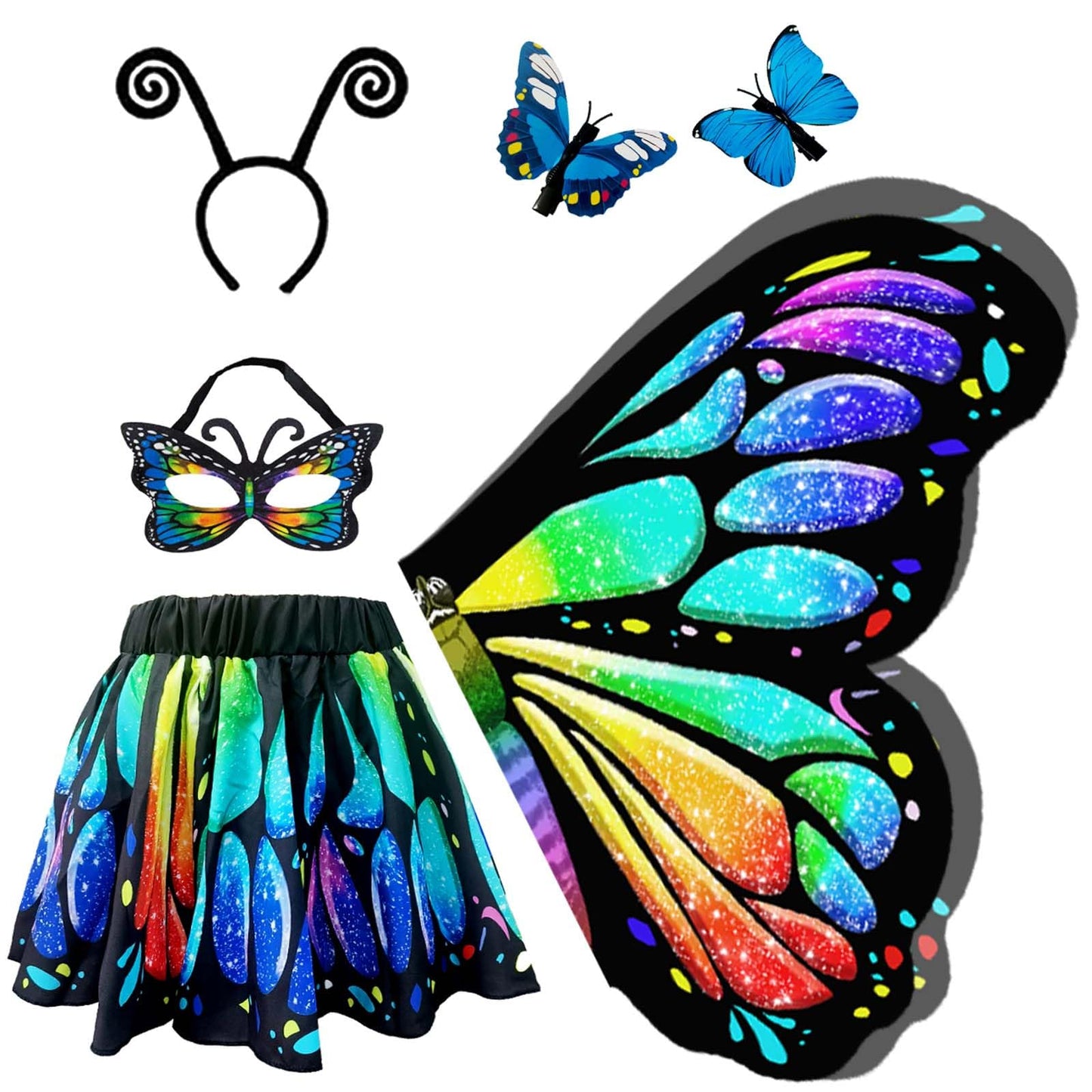 Jackcell Butterfly Wings Costumes for Girls - Double Sided Butterfly Cape Halloween Costume with Fairy Skirt for kids, Fairy Win