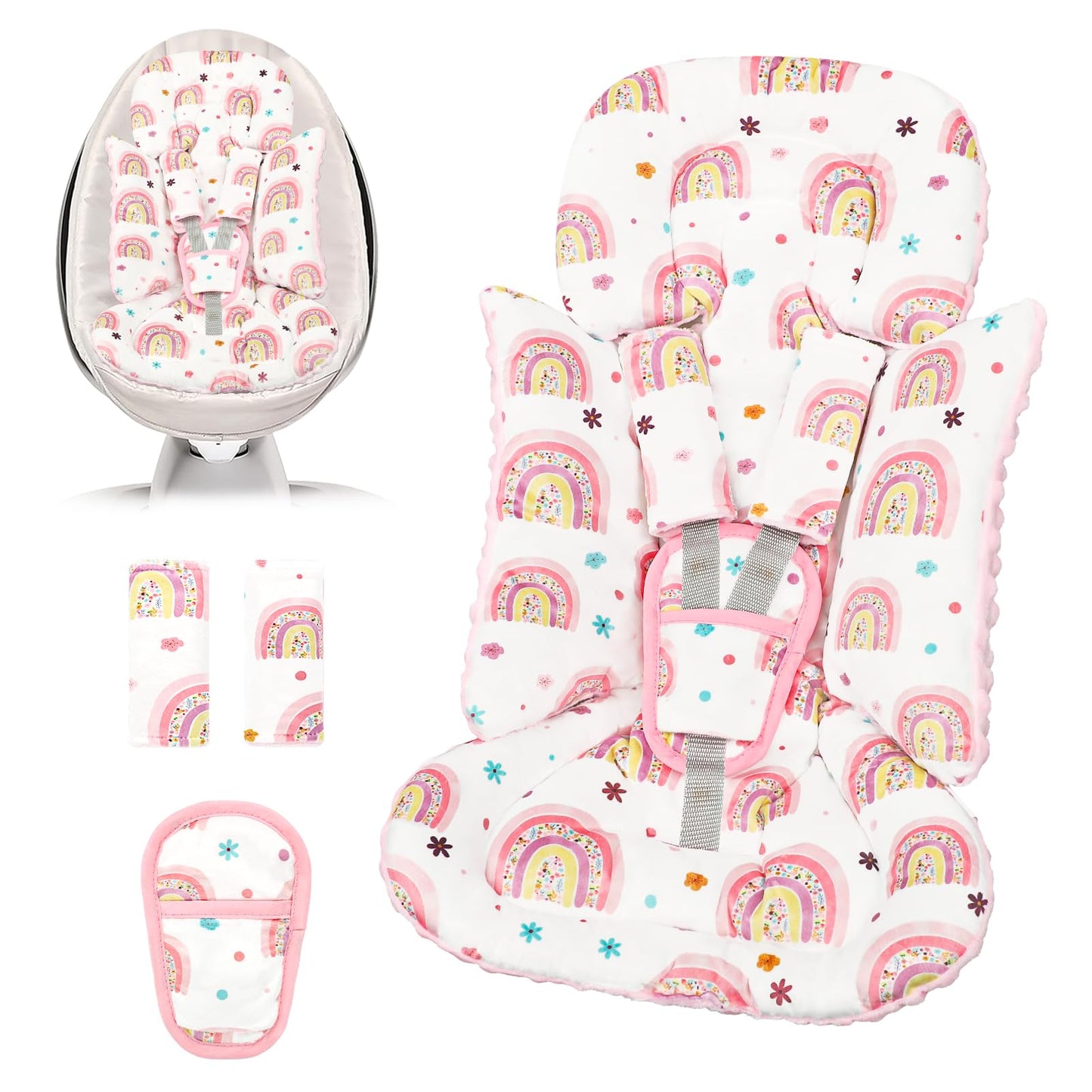 Infant Car Seat Insert with 3 Strap Covers, 3 in 1 Reversible Rainbow Baby Car Seat Head Support for Newborn, Baby Girl Newborn