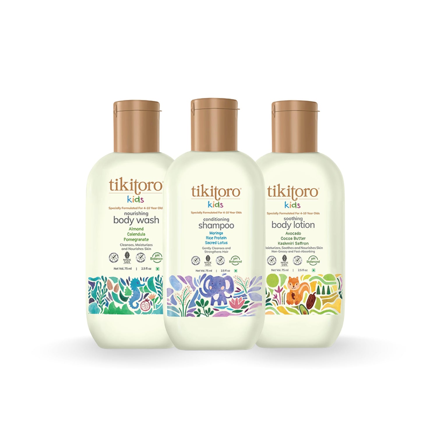 Tikitoro Kids Starter Pack 100% Vegan With Nourishing Body Wash, Soothing Body Lotion & Conditioning Shampoo, No Parabens & Sulp