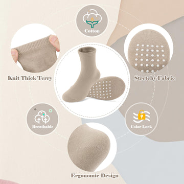 Jakidar 12 Pack Baby Socks Cotton Crew Toddler Socks Grips Non Slip Bottom Kids Socks, Khaki Dark Brown Latte Color 12-24M