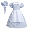 Ltakk Prairie Dresses Girls Pioneer Colonial Costume Girl Pilgrim Dress With Apron And Bonnet, Blue Plaid Floral, Small, Age Ove
