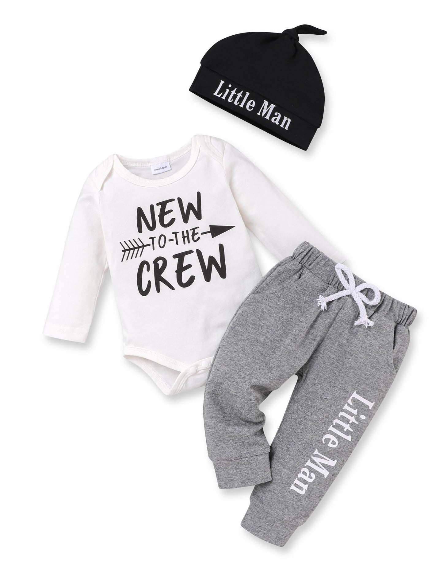 Tuemos Newborn Baby Boy Clothes Outfits New To Crew Letter Print Romper+Pants+Hat 3Pcs Outfits Set 6-9 Months