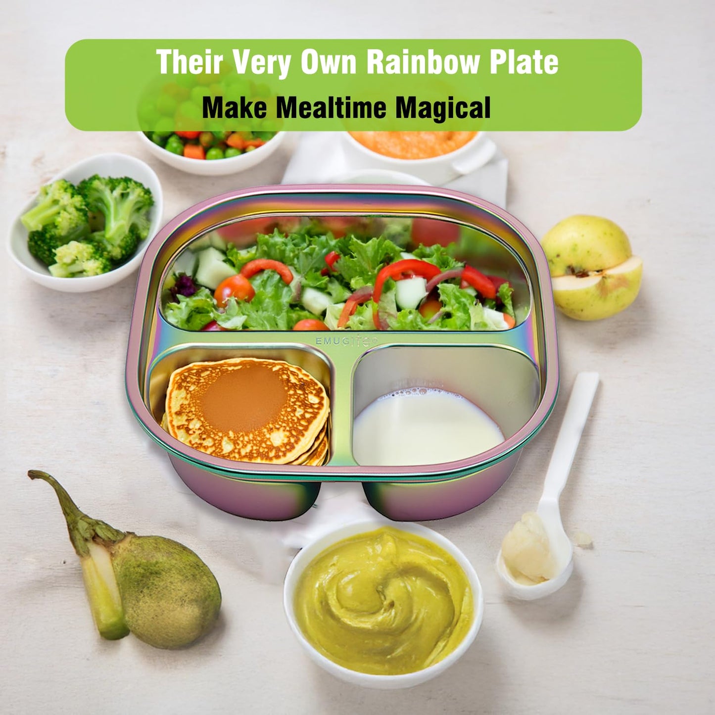 Spaclatio Stainless Steel Kids Plates, Divided Stainless Steel Toddler Baby Plates, Rainbow Non-Toxic Plates For Kids And Toddle