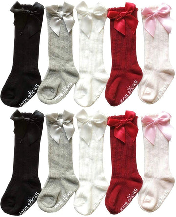 Qandsweet Baby Girl Knee-High Socks Toddlers Bow Stockings Newborn Infant Non-Slip Sock (0-12 Months,A Non-Skid 5 Pairs)