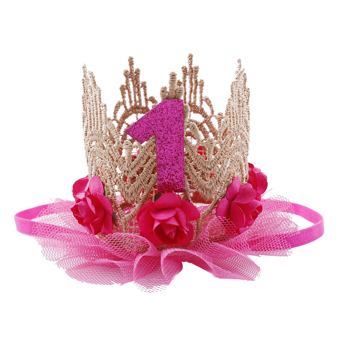 June Bloomy Baby Golden Lace Rose Flower Crown 1st Birthday Headband Princess Tiara (Peach)