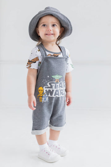 Star Wars R2-D2 Yoda Chewbacca Infant Baby Boys Short Overalls Graphic T-Shirt And Hat 3 Piece Outfit Set Grey 12 Months