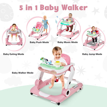 5 In 1 Baby Walker, Activity Baby Walker-Baby Bouncer, Rocker, Activity Center,Seat And Push Walker,Detachable Trampoline Mat, A