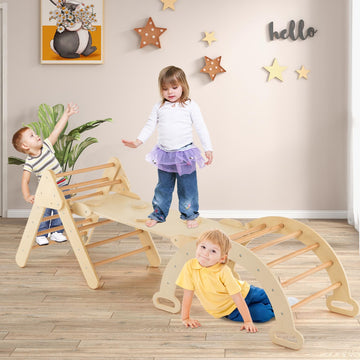 Olakids Climbing Toys For Toddlers, 5 In 1 Kids Wooden Montessori Triangle Set Climber Toy With Ramp Ladder Arch Slide For Playg
