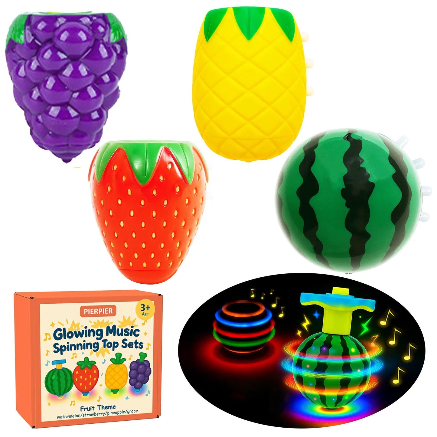 Fruit Spinning Tops for Kids, Stocking Stuffers & White Elephant Exchange Toys - 4 Pack Fruit-Themed Light-Up Toys with Music fo