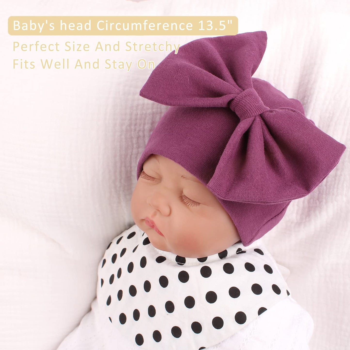 Newborn Baby Girl Hat Cotton Baby Bow Beanie Preemie Hats Spring Infant Hats For Girls 0-12 Months (Skin Pink+Deep Purple+White,