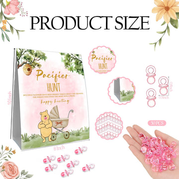 Guawubiang Winnie Pacifier Hunt Sign, Mini Pacifiers Baby Shower Game Set, 50Pcs Classic Pooh Decor Baby Shower Game Set, Pink T