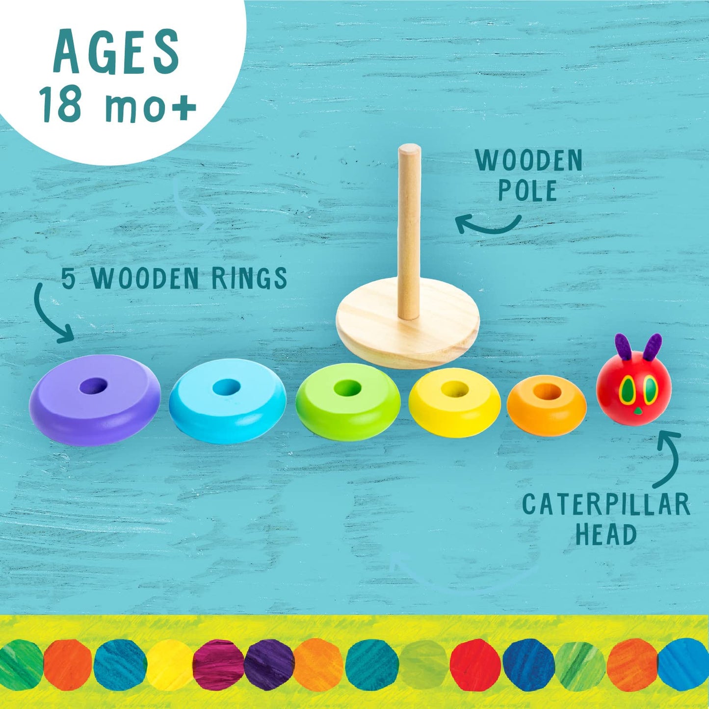 KIDS PREFERRED World of Eric Carle, The Very Hungry Caterpillar Wooden Stacker with Colorful Rainbow Rings, 7 Inch Stacking Soli