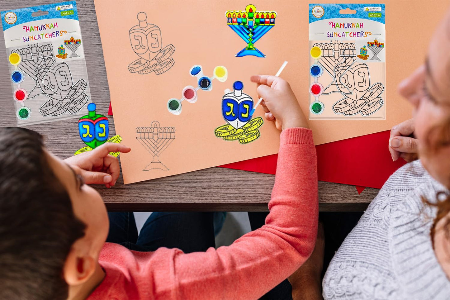 Hanukkah Suncatcher - Stained Glass Look - Chanuka Decorations, Paint Your Own Menorah And Dreidel - Fun And Educational (Single