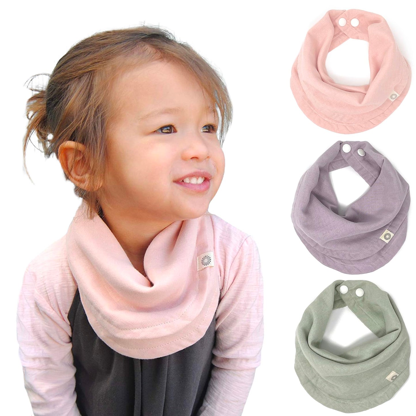 Kishu Baby Indi GOTS Organic Infinity Scarf Bib Set - 4-Way Reversible, 8 Layer Muslin Drool Bibs (Sage Lavender Peach)