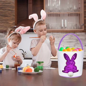 Poptrend Easter Basket Bags,Easter Eggs/Gift Baskets For Kids,Bunny Tote Bag Bucket For Easter Eggs,Toys,Candy,Gifts (2 Pack Pur