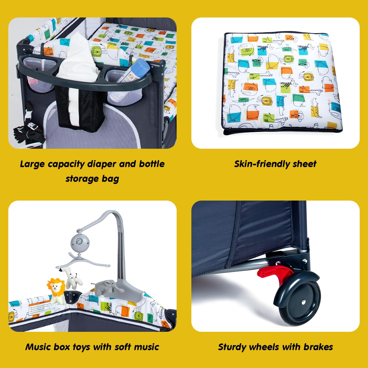 Pearlove 5 In 1 Baby Bassinet, Bedside Bassinet For Baby, Pack And Play With Changing Table, Portable Crib With Mattress, Music