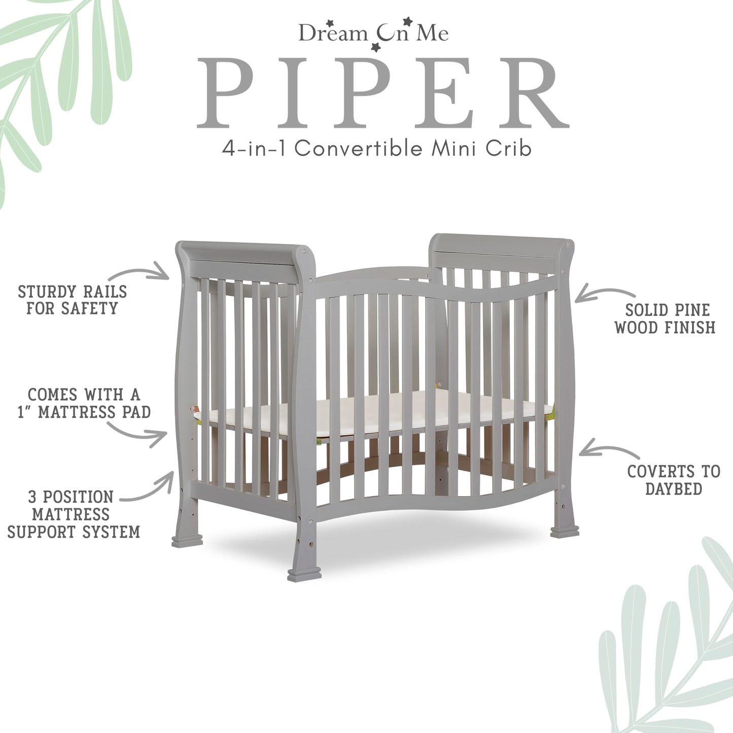 Dream On Me Violet 4-In-1 Convertible Mini Crib In Pebble Grey, Greenguard Gold Certified, Jpma Certified, 3 Position Mattress H