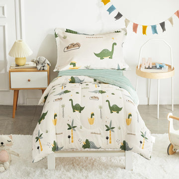 Joyreap 4 Piece Dinosaur Toddler Bedding Set, Cotton Toddler Comforter Sheet Set, Green Dinosaurs Print On White Design For Kids