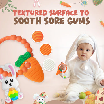 Easter Silicone Teething Toys, 3 Months+, Bunny & Carrot, Infant Baby Easter Basket Stuffers For Babies, Baby Teether Toy, Carro