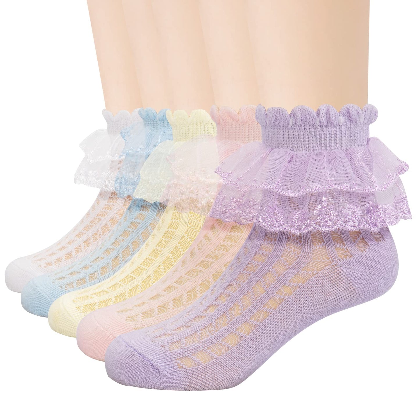 4/5/6 Pack Baby Toddler Girls Ruffle Socks White Princess Eyelet Frilly Lace Ankle Cotton Dress Socks For Little/Big Kids