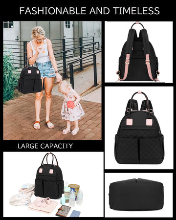 Loradi Medium Diaper Bag Backpack With Storller Clips, Water-Resistant Cute Diaper Tote With Anti-Theft Pocket, Black