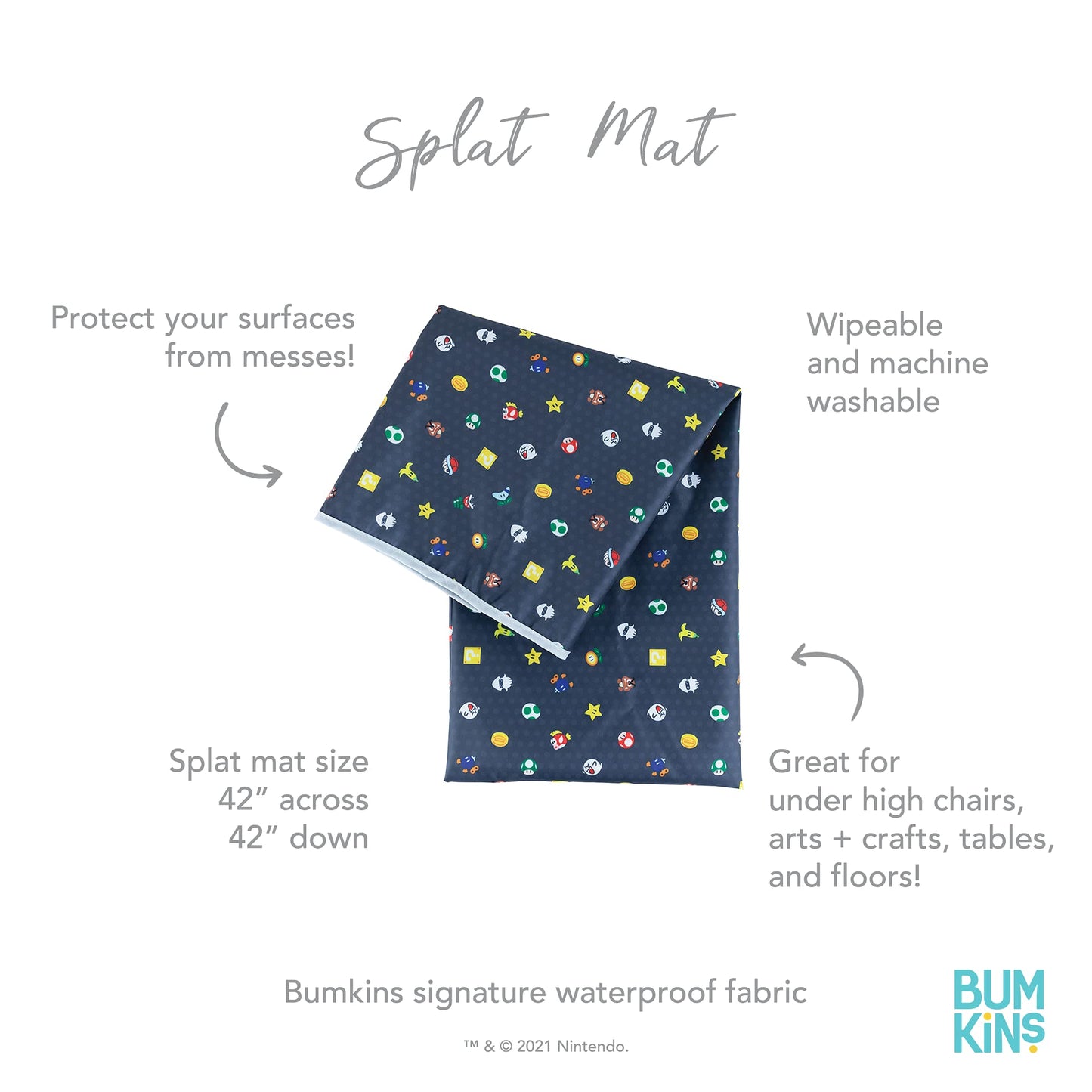 Bumkins Baby Splat Mat For Under High Chair, Nintendo Super Mario Waterproof Washable Cloth For Arts And Crafts, Playtime Mats F