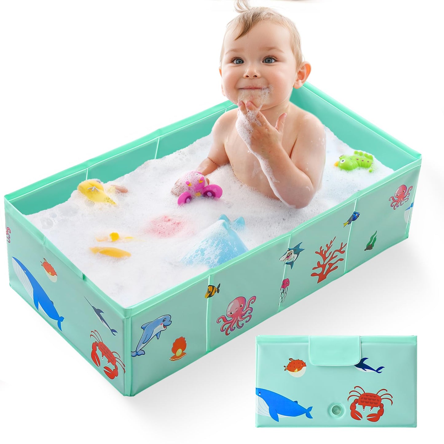 Tohetsuzp Portable Foldable Baby Bathtub with Drain Plug, 30 L x 15.2 W x 8.6 H Kids Travel Tub, Converts Shower to Tub, No Asse