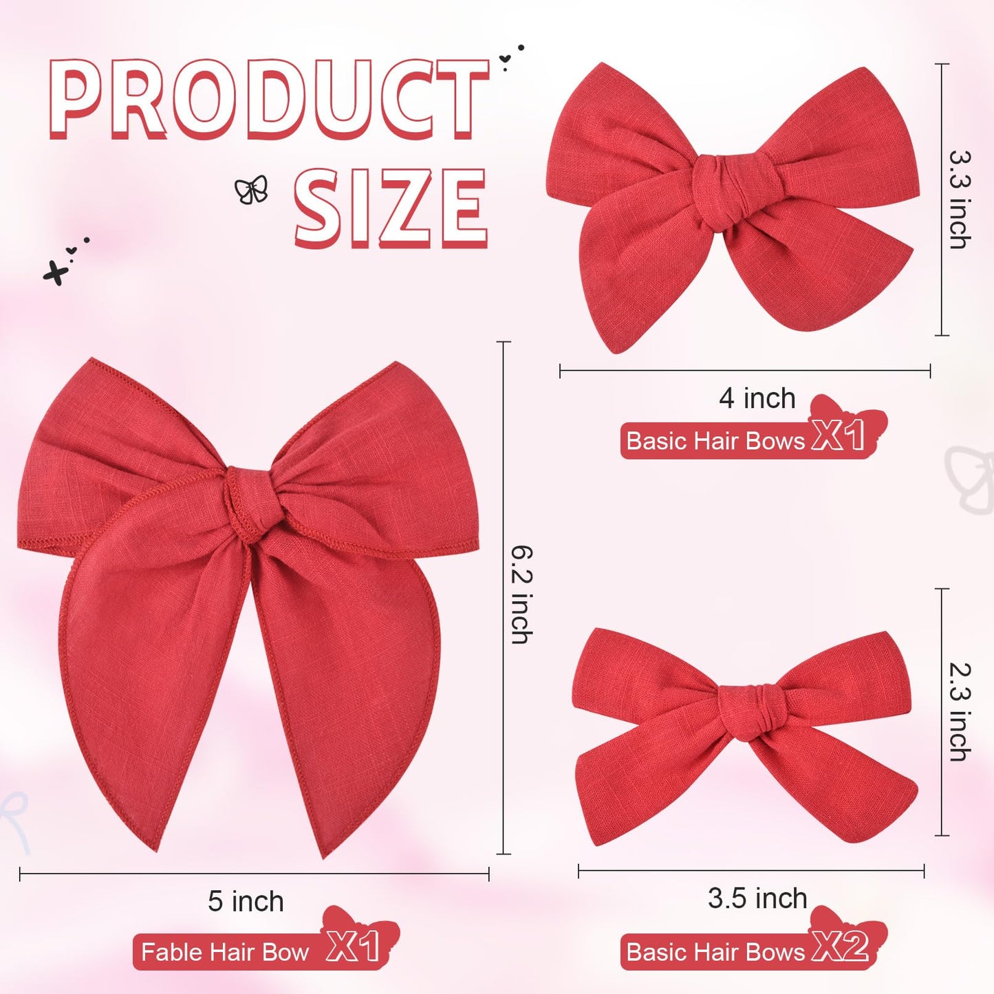 Deeka 4 Pcs Red Cotton Linen Hair Bows 3 Styles 5' & 4' Handmade Hair Bow Set For Toddler Girls Alligator Hair Clips Knot Bows