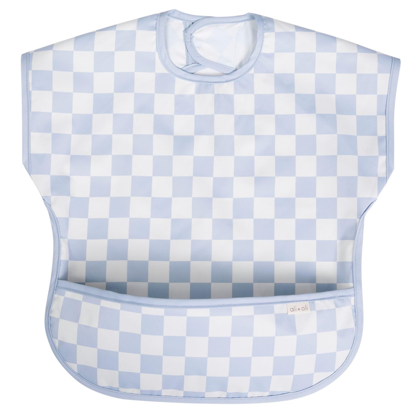Ali+Oli Smock Bib for Baby (1-pc) Short Sleeve (Blue Checkers) BPA-Free Oeko-Tex Certified, Mess Proof Baby Bib for Eating, Wate