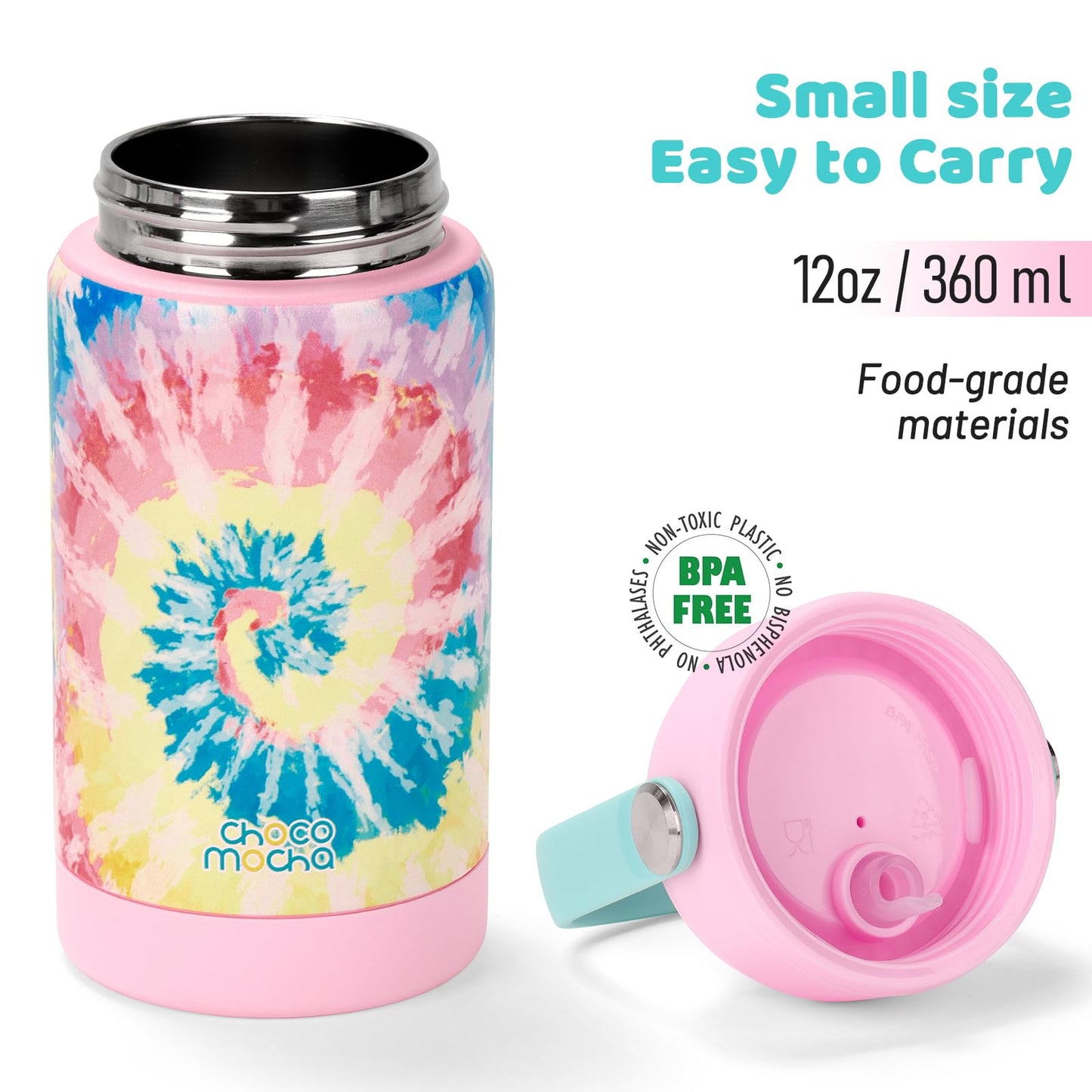 Choco Mocha Tie Dye Kids Insulated Water Bottle Kids Stainless Steel Water Bottle With Straw Spill Proof Metal Water Bottle For