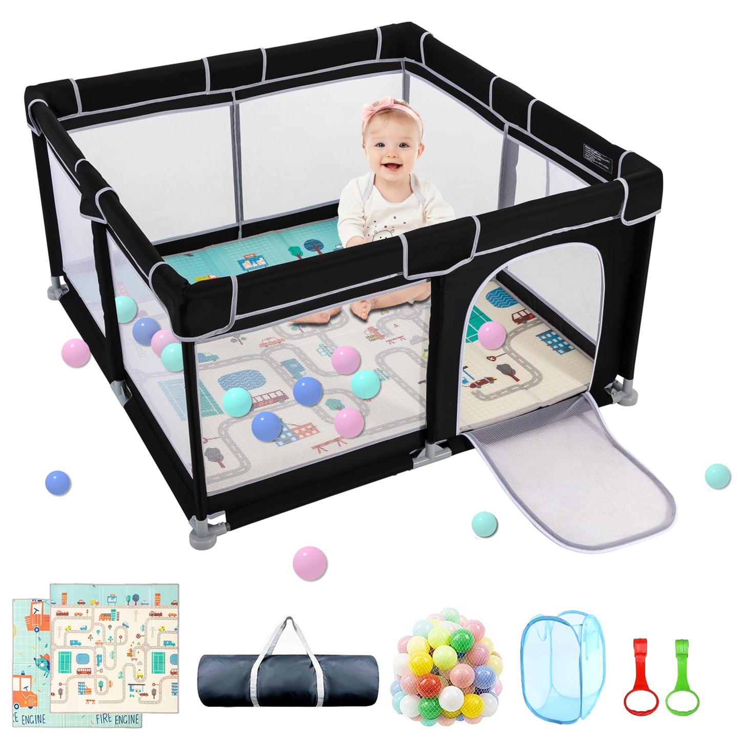 71x59 Large Playpen with Mat, Playpen for Babies and Toddlers, Baby Playards with Zipper Gate, Safe and Non-Slip Baby Fence, Ful