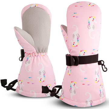 Bavst Winter Kids Waterproof Gloves For Boys Girls Snow Ski Toddler Baby Mittens Outdoor For Infant Teens 1-5T (N-Pink Sea Horse