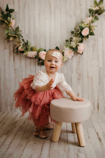 2Bunnies Girl Peony Lace Back A-Line Tiered Tutu Tulle Flower Girl Dress (Dusty Rose Bell Sleeve, 7/8)